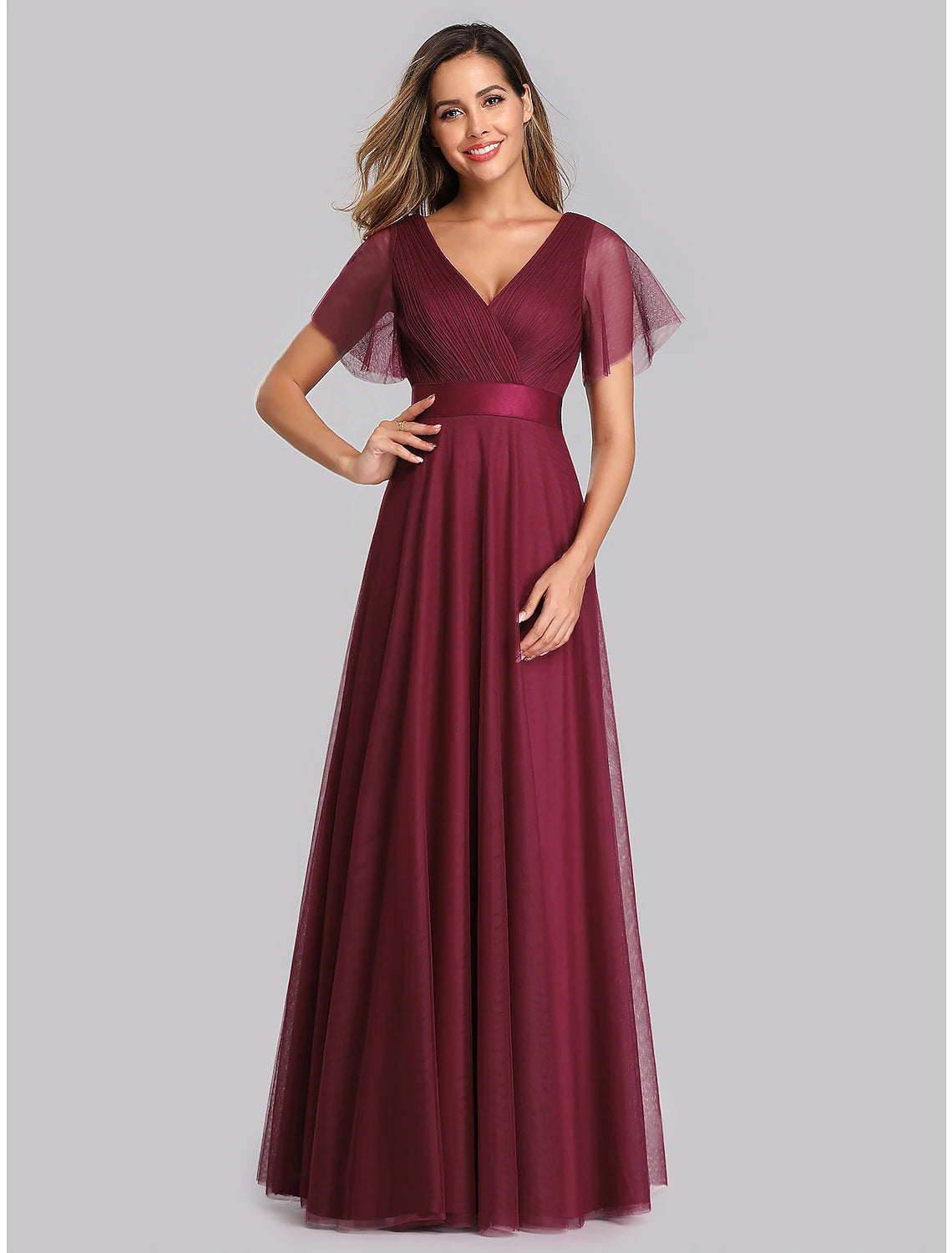 Vestido de noche corte A, estilo imperio, para invitada de boda, graduación, largo hasta el suelo, manga corta, escote en V, vestido de dama de honor de gasa, espalda en V con pliegues fruncidos